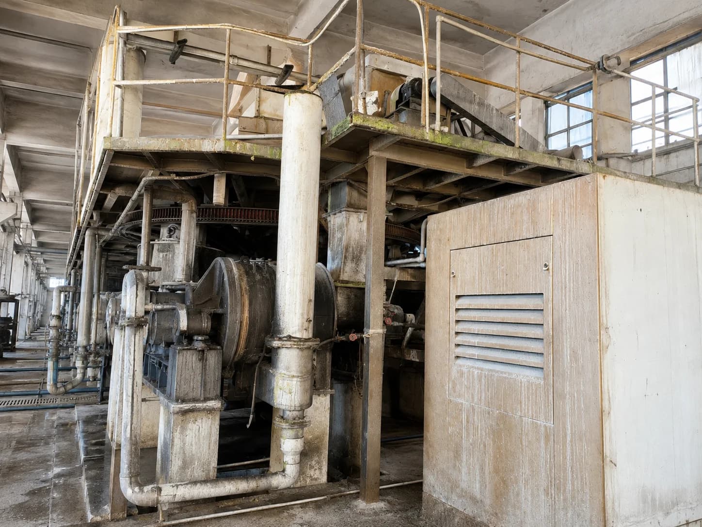 Titanium dioxide filtration site with circular disc filter, process piping, and platforms
