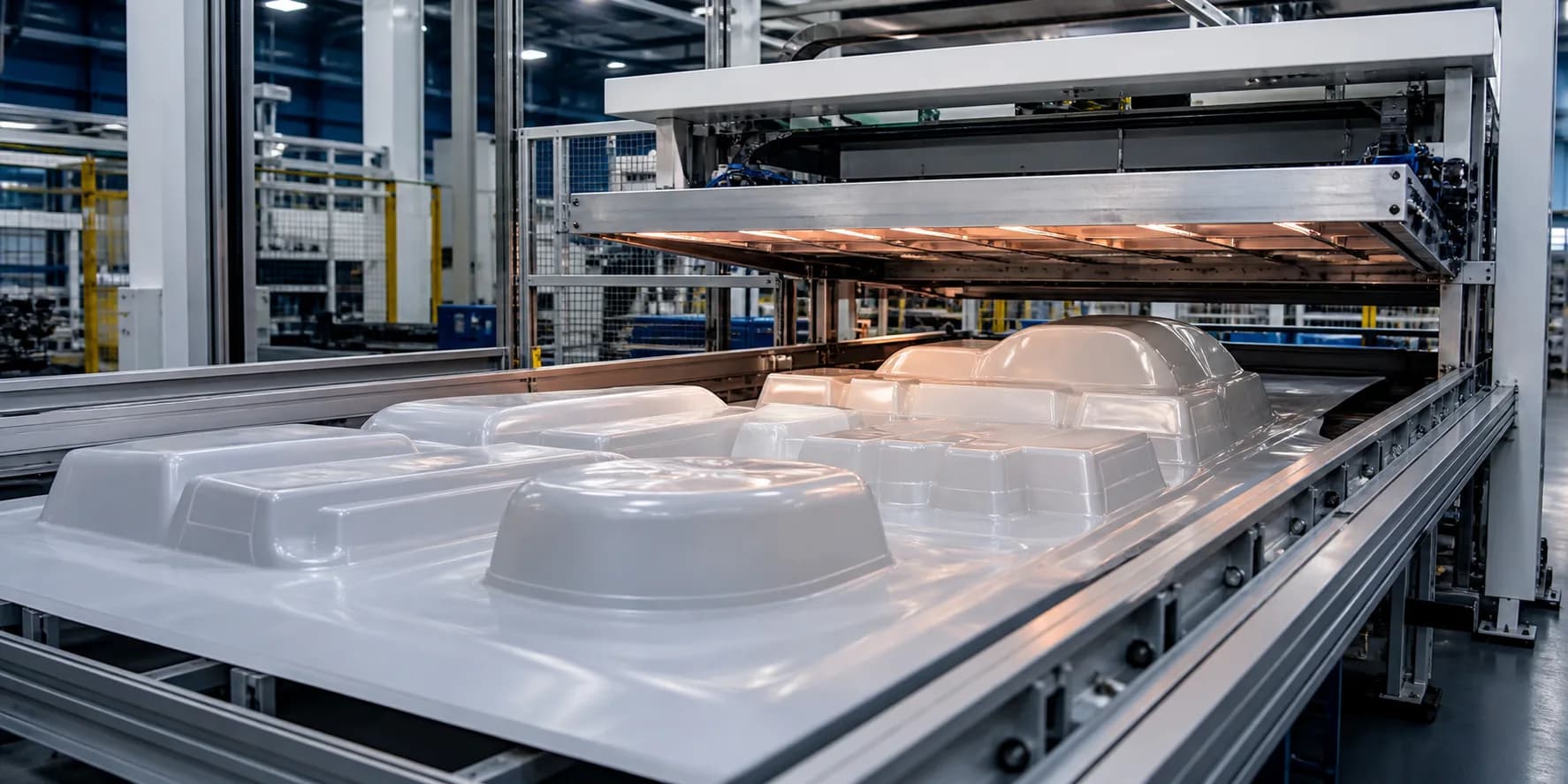 Vacuum thermoforming production line for plastic forming application