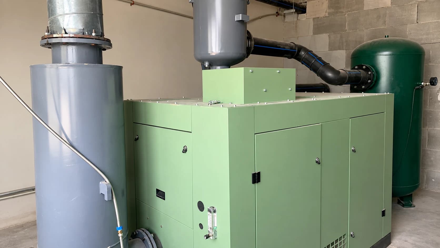 Dry screw vacuum pump package installed indoors with connected vertical vessels and process pipework