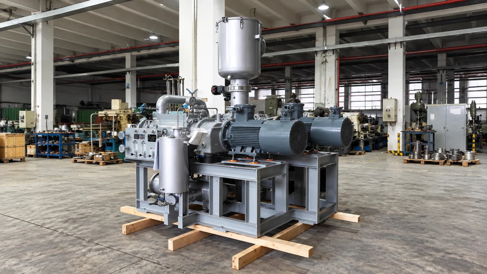 Dry screw vacuum pump package in a factory setting, shown as a general visual introduction to this working-principle overview