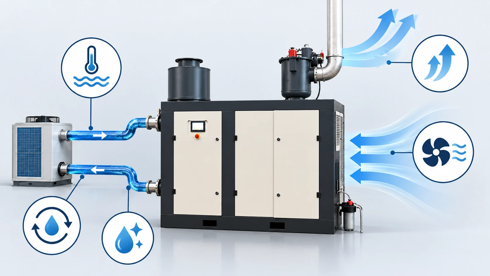 Conceptual cooling-review diagram based on a dry screw vacuum pump package reference, showing cooling-water supply and return lines and airflow around the package; the routes illustrate review points, not a model-specific configuration