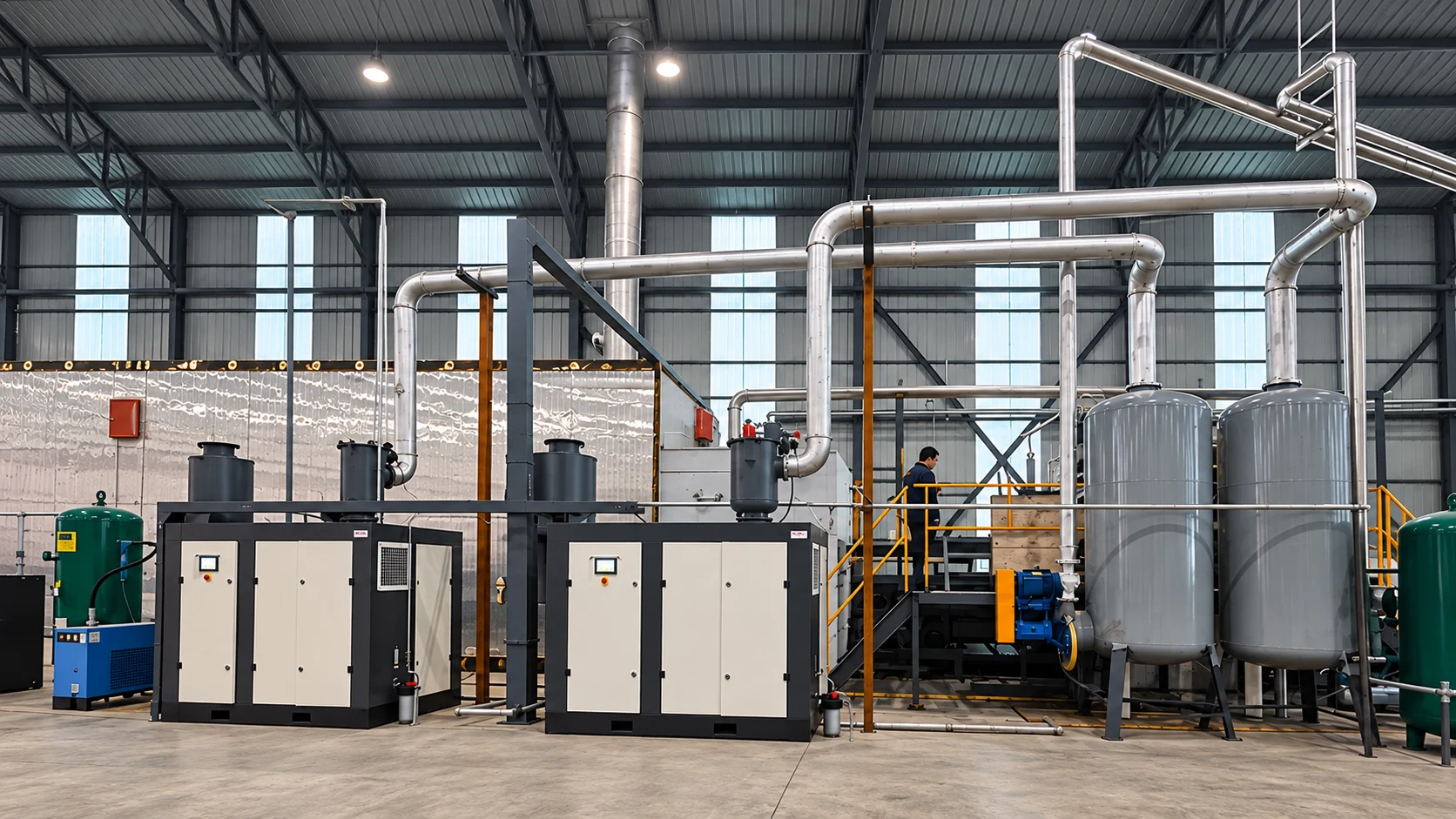 Two dry screw vacuum pump packages at a customer site, fitted with inlet filters and connected to gas storage tanks through stainless-steel pipework; the installation provides sufficient clearance for stable heat dissipation