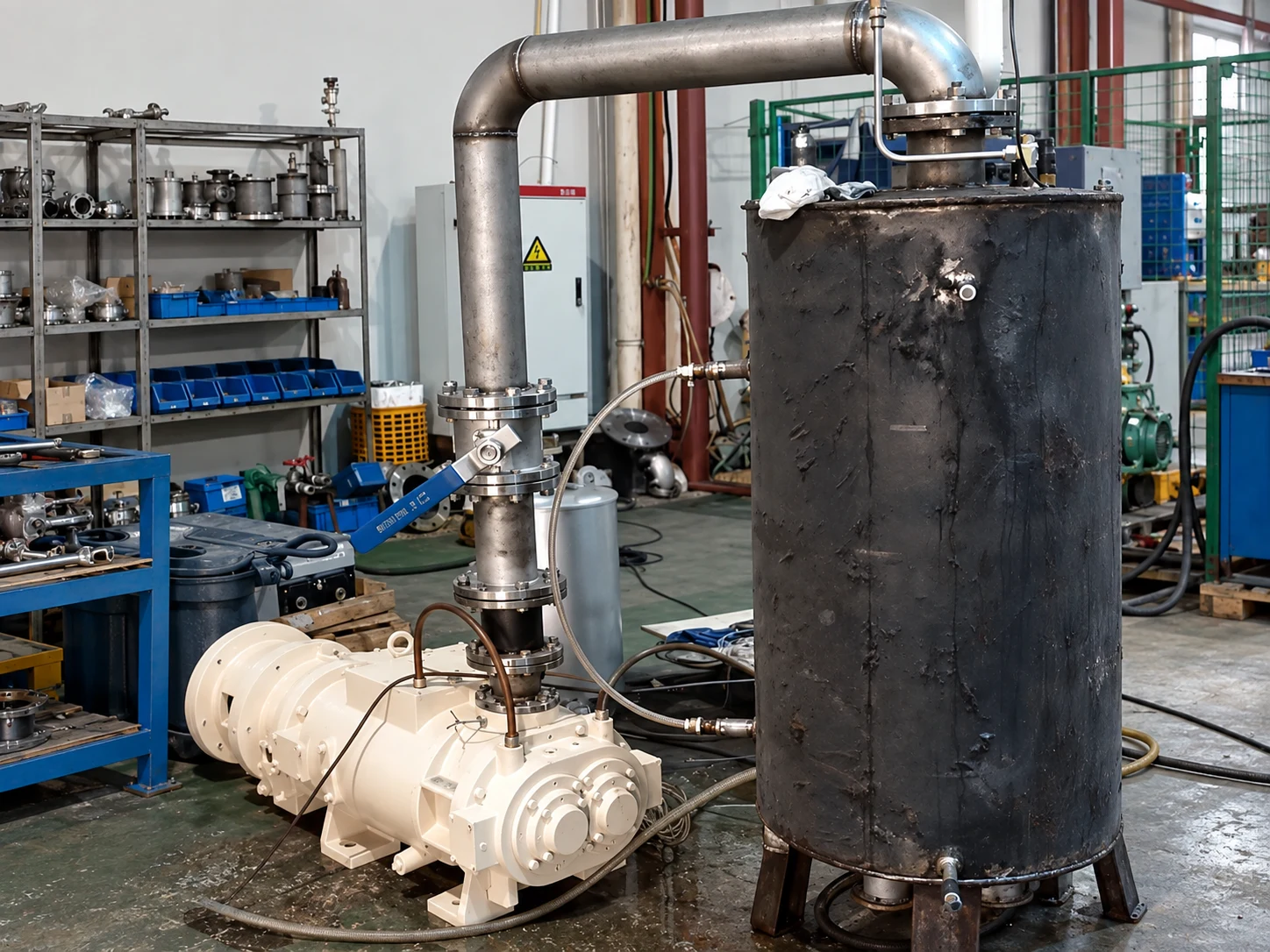 A water-cooled dry screw vacuum pump under test at our company, connected to a gas storage tank through stainless-steel pipework for a pumping-speed test