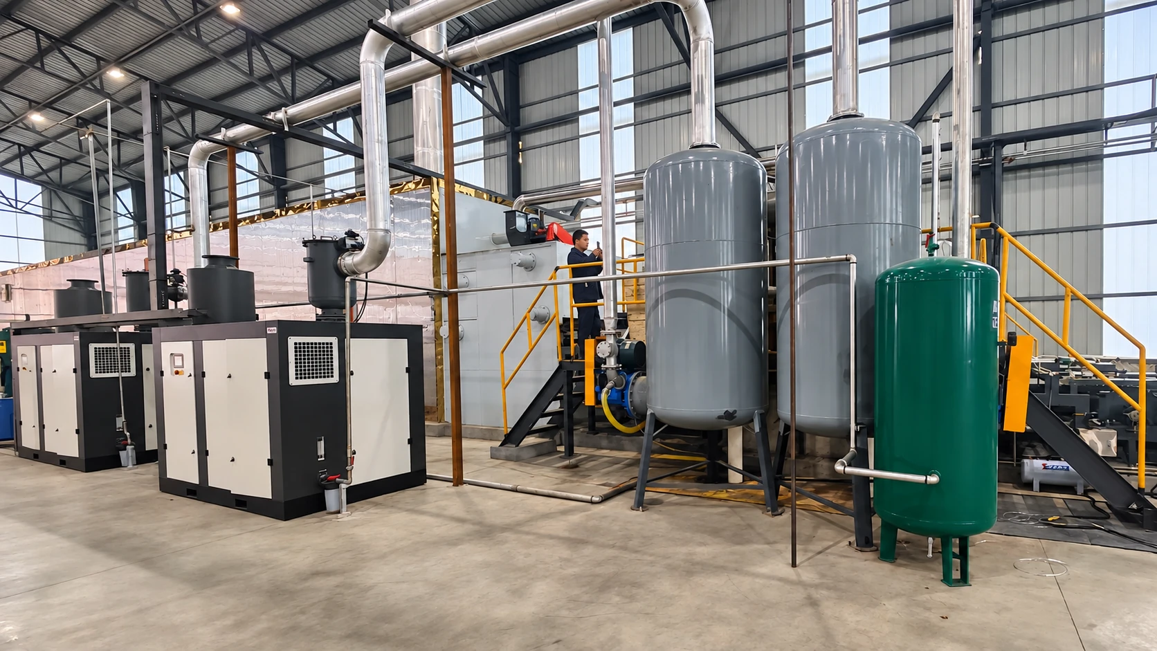 Side view of two dry screw vacuum pump packages at a customer installation, with inlet filters, vertical vessels, stainless-steel pipework, and maintenance access; shown as installation context for a model-specific review