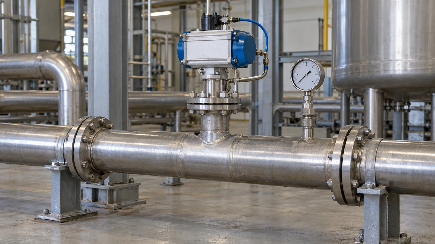 AI-generated generic industrial shared-header branch with a pneumatic control valve and pressure gauge; illustrative review context only, not a customer installation, product configuration, or performance result.